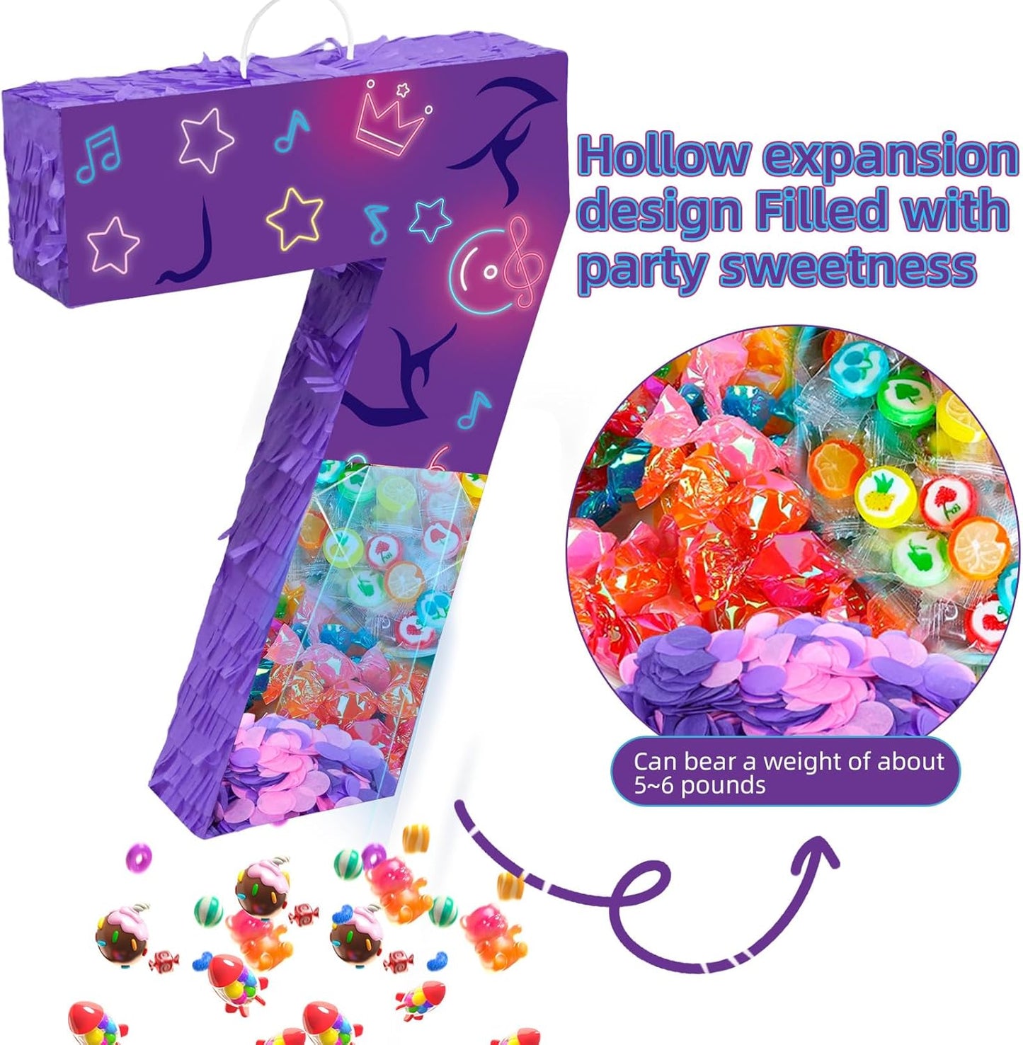 Musical Note Birthday Decorations, 15.7 x 11.5 x 3 Inch Purple Musical Note Number 7 Pinata with 16 Inch Piñata Stick Blindfold Confetti for 7th Music Theme Birthday Party Supplie