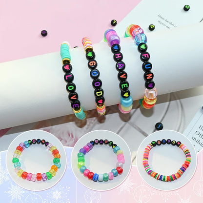 Amaney 1400pcs Glow Letter Beads, Heart Beads Whit Elastic Beading Cord,4x7mm Round Acrylic Alphabet Beads for Friend Bracelet Jewelry Making