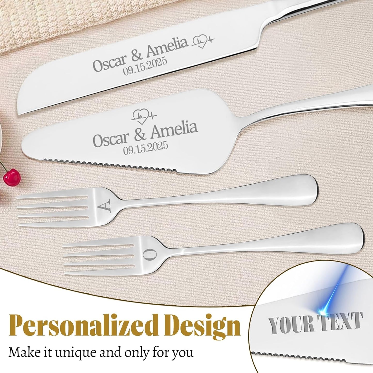 Personalized 4 Piece Cake Cutting Set for Wedding - Custom Cake Knife and Server Set with Forks, Cake Cutter Set Ideal for Wedding Anniversary Bridal Gifts (Silver)