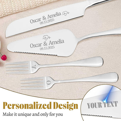 Personalized 4 Piece Cake Cutting Set for Wedding - Custom Cake Knife and Server Set with Forks, Cake Cutter Set Ideal for Wedding Anniversary Bridal Gifts (Silver)