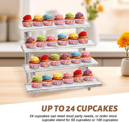 Wooden Cupcake Stand - 4 Tier Cupcake Display Stand, Rustic Tiered Display Stand, Tool Free Installation Cupcake Stand for Baby Shower Decorations Birthday Party Supplies