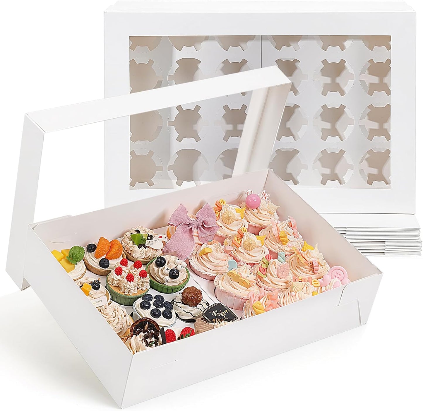 TOMNK 20pcs Cupcake Boxes, Cupcake Boxes 12 Count, 13x10x3.5 Inch White Containers Bakery Holders with Windows and Inserts to Fit Muffins, Cookies