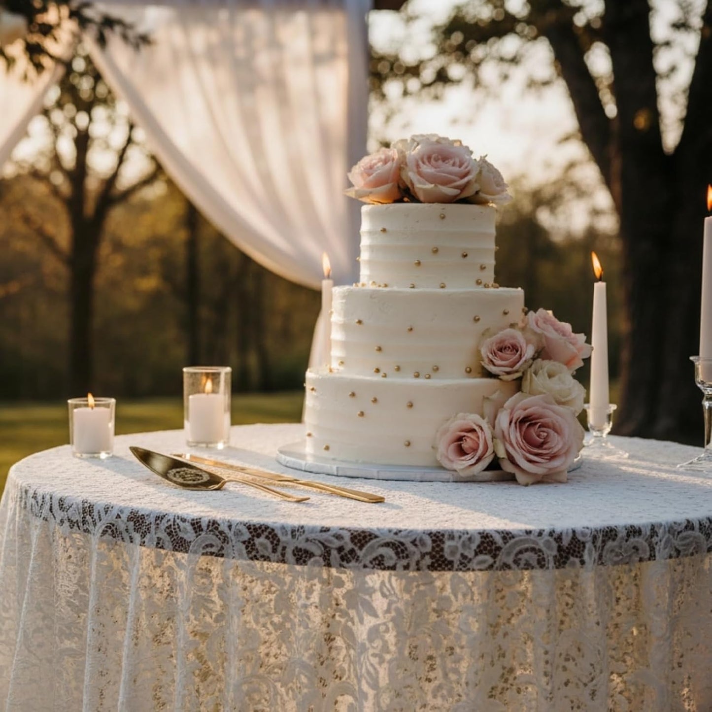 4 Piece Wedding Cake Cutting Set, Knife and Server with Forks, Elegant Wedding Cake Knife and Server Set for Bride and Groom(Gold)