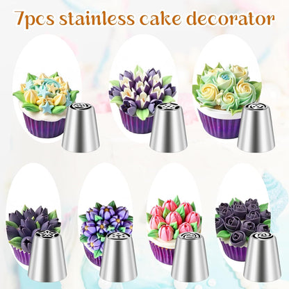 Dimeho 7 Pcs Round Hole Piping Tips Set Stainless Steel Cupcake Frosting Nozzles Cake Decorating Tool Russian Pastry Icing Dispensers Supplies for Baking Cookies Puff Doughnut Cream Bag Filler