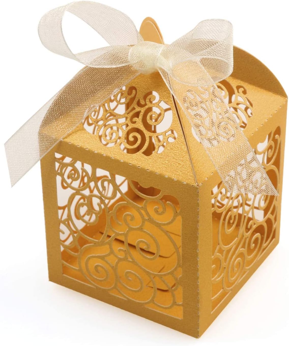 KPOSIYA 100 Pack Wedding Favor Boxes Laser Cut Boxes Party Favor Box Small Gift Boxes Lace Candy Boxes for Wedding Bridal Shower Baby Shower Birthday Party Anniverary with Ribbons (Pink, 100)