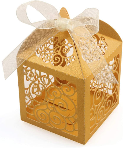 KPOSIYA 100 Pack Wedding Favor Boxes Laser Cut Boxes Party Favor Box Small Gift Boxes Lace Candy Boxes for Wedding Bridal Shower Baby Shower Birthday Party Anniverary with Ribbons (Pink, 100)