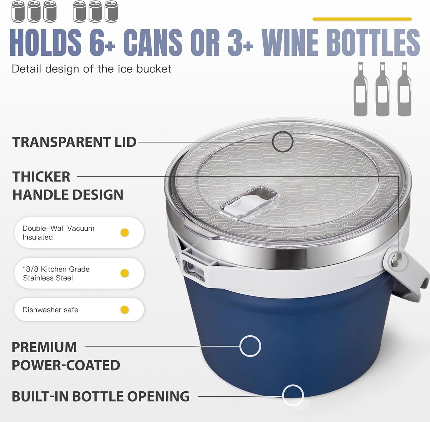 COKTIK 7L Vacuum Insulated Ice Bucket with Lid and Scoop& Tongs，Large capacity Stainless Steel Beverage Bucket for Cocktail, Champagne, Wine, Beer，Large Parties（Milk White Suit）