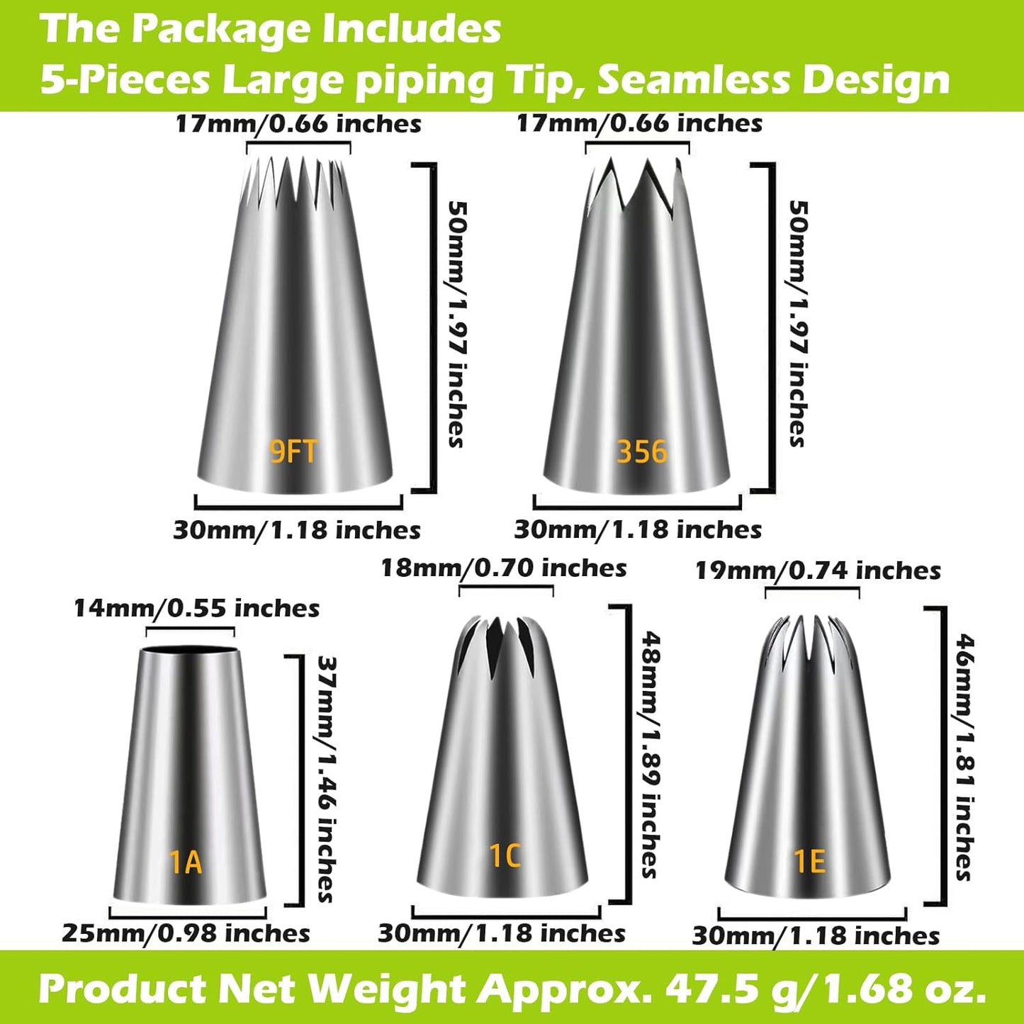 Suuker Large Piping Tips Set, Seamless Stainless Steel Cake Decorating Tips, 5 Pieces Frosting Icing Tips for Cake Decorating, Cupcakes, Cookie (1A 1E 1C 9FT 356)