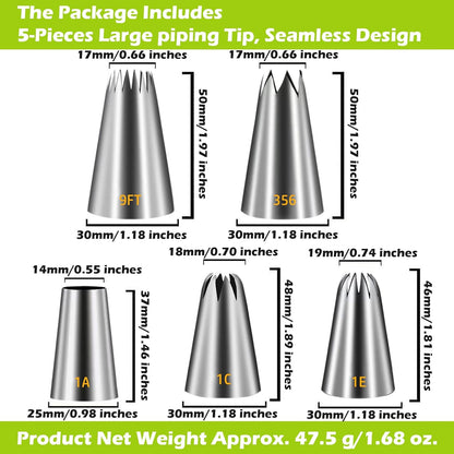 Suuker Large Piping Tips Set, Seamless Stainless Steel Cake Decorating Tips, 5 Pieces Frosting Icing Tips for Cake Decorating, Cupcakes, Cookie (1A 1E 1C 9FT 356)