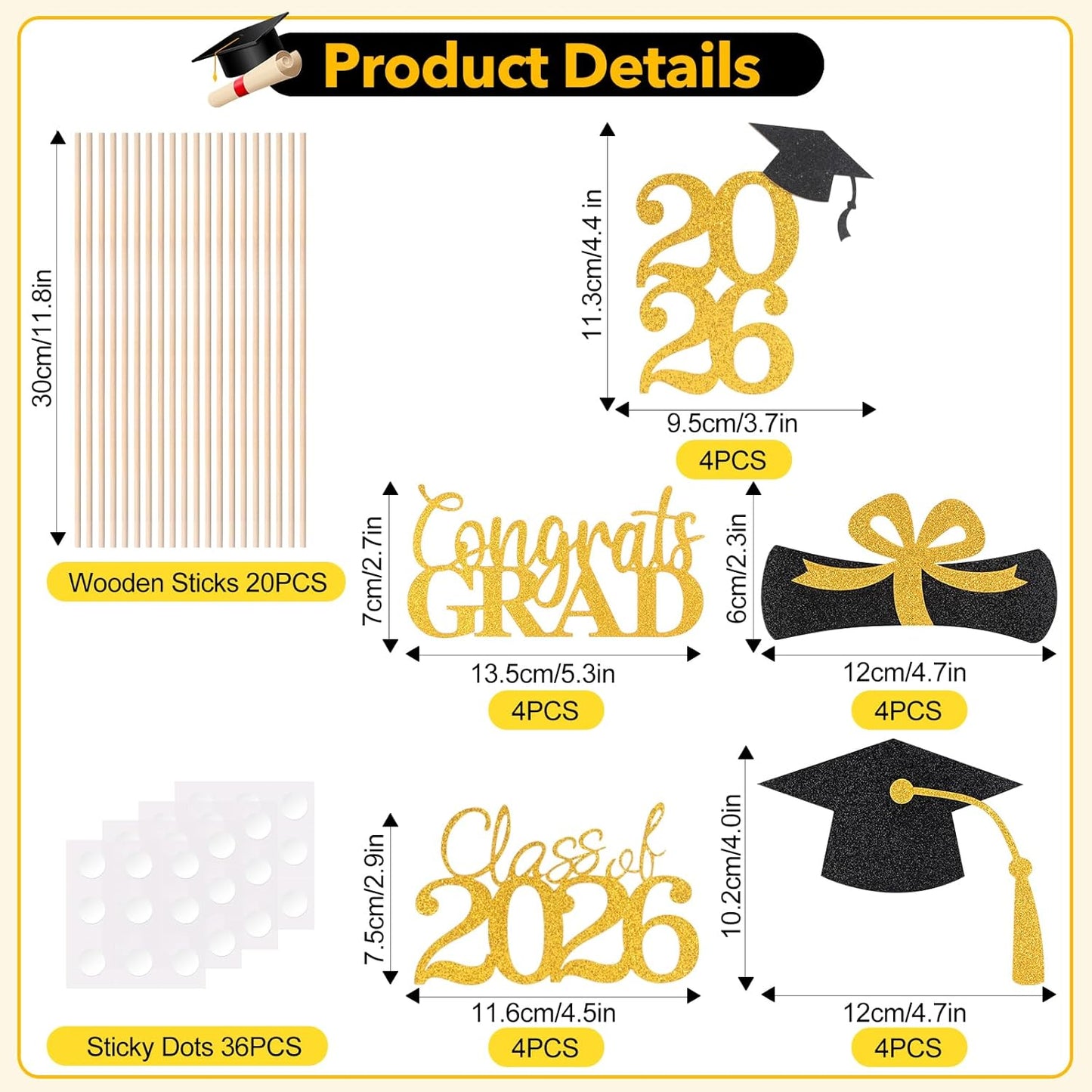 Graduation Decorations 2026, 20 PCS Sparkling Black Double-Sided Centerpiece Sticks for Tables, Class of 2026 Table Toppers and Party Supplies