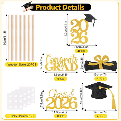 Graduation Decorations 2026, 20 PCS Sparkling Black Double-Sided Centerpiece Sticks for Tables, Class of 2026 Table Toppers and Party Supplies