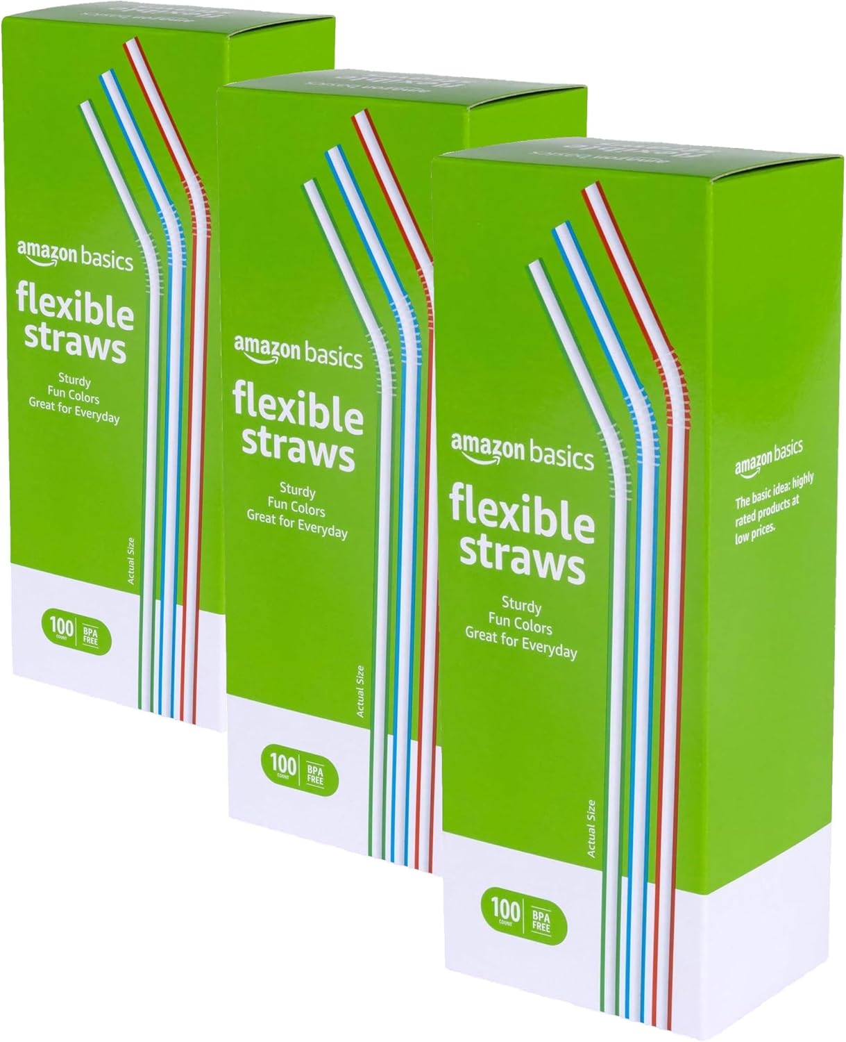 Amazon Basics Disposable Striped Plastic Flex Straws, BPA Free, Food-Safe, 7.5" Long, Assorted Colors, 100 Count