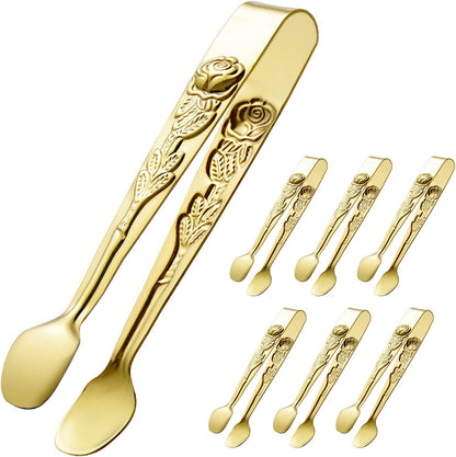 HINMAY 6PCS Mini Serving Tongs 4 Inches Small Rose Sugar Cube Tongs (Gold)