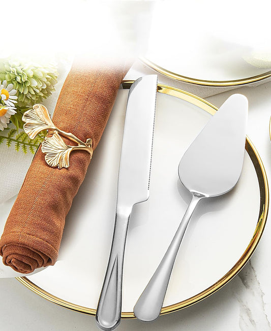 Cake Knife and Server Set Silver Wedding Cake Server and Knife Set with 10.63" Cake Knife and 8.86" Pie Server Stainless Steel Cake Cutting Set for Weddings, Parties and Anniversaries