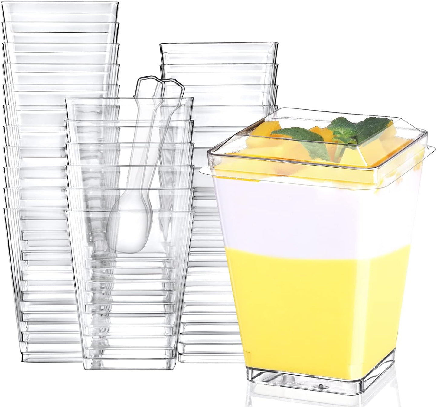 Eupako 100 Pack 5 oz Square Clear Plastic Dessert Cups with Spoons Small Clear Plastic Tumbler Cups Great for Desserts, Appetizers, Puddings, Mousse, Parfait