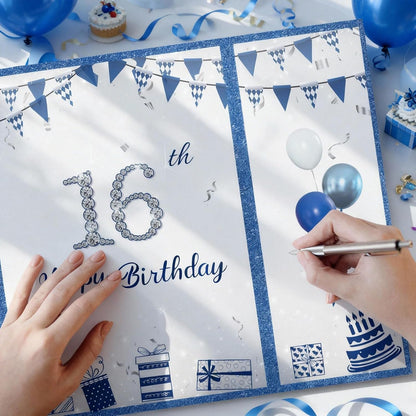 Blue and Silver 16th Birthday Party Decoration Guest Book 16th Happy Birthday Guest Sign in Book Perfect Signature Cardboard Party Supplies Great Birthday Gift for Boys