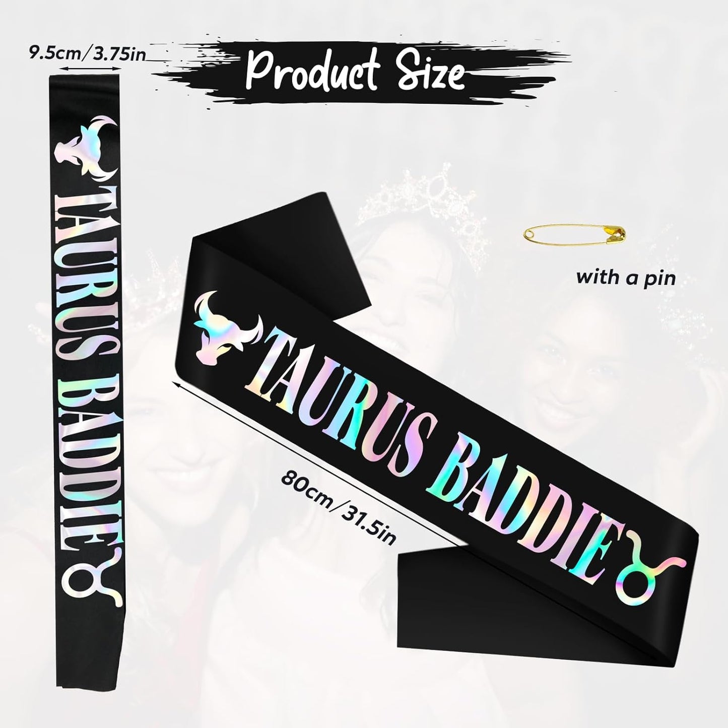 Taurus Baddie Sash for April May Birthday Party - Black Glitter Foil Constellation Zodiac Party Decorations, Astrology Theme Bday Supplies for Women & Girls（Black iridescent）