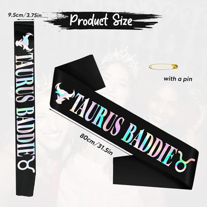Taurus Baddie Sash for April May Birthday Party - Black Glitter Foil Constellation Zodiac Party Decorations, Astrology Theme Bday Supplies for Women & Girls（Black iridescent）