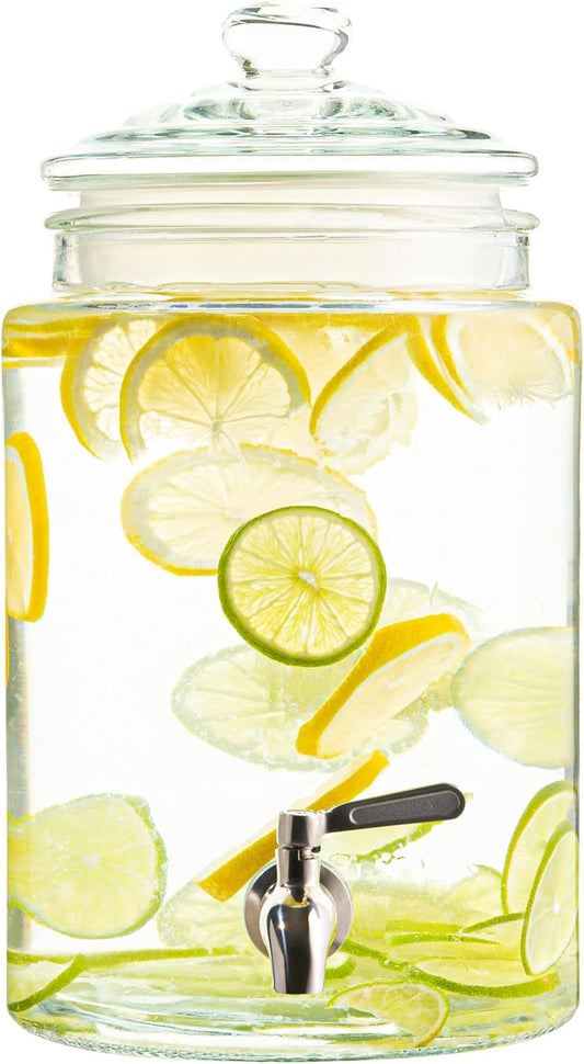 Large Glass Drink Dispenser with Spout – 1.5 Gallon Tall Mason Jar Style Beverage Server with Airtight Lid & Metal Spigot for Water, Tea, Juice, Punch, or Cocktails