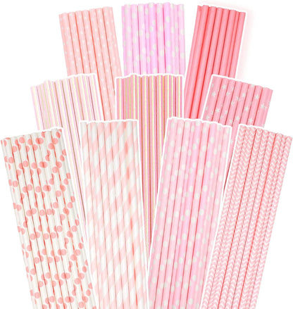 Pink Paper Straws 150pcs Disposable Straws Bulk (10 Pattern) qiqee