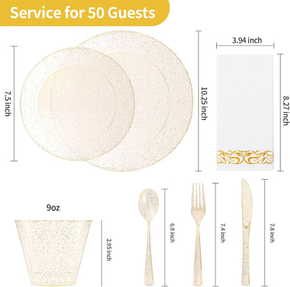 Goodluck 350 Pieces Gold Dinnerware Set for 50 Guests, Plastic Plates Disposable for Party, Include: 50 Gold Rim Dinner Plates, 50 Dessert Plates, 50 Paper Napkins, 50 Cups, 50 Gold Silverware Set