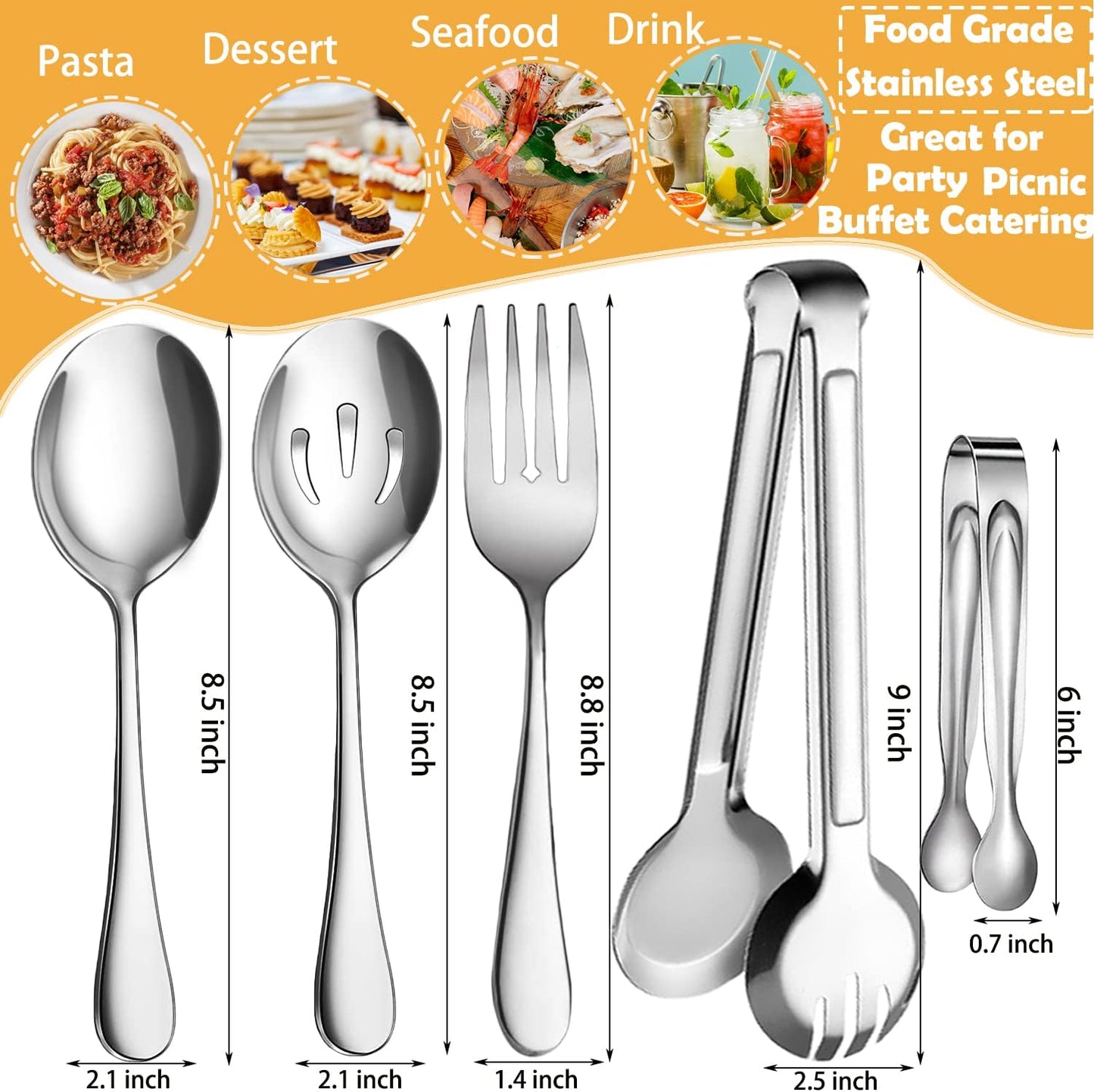 11 PCS Serving Utensils, Large Stainless Steel Spoons Forks Tongs, Pie Server, Great for Hostess Buffet Catering Banquet Party, Silver