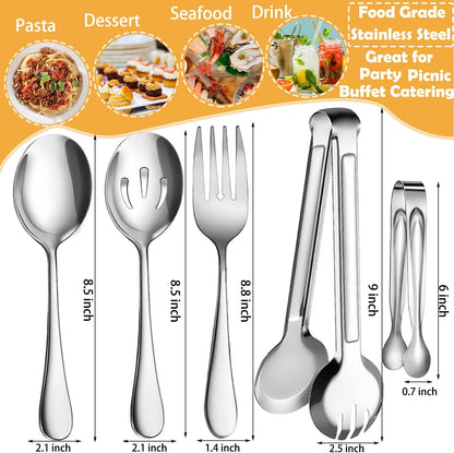 11 PCS Serving Utensils, Large Stainless Steel Spoons Forks Tongs, Pie Server, Great for Hostess Buffet Catering Banquet Party, Silver