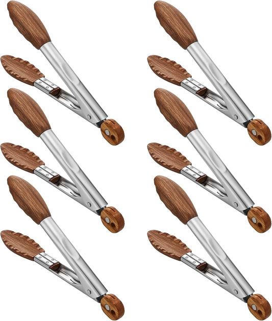 Honeydak 6 Pcs Walnut Wooden Kitchen Tongs 7 Inch Kitchen Stainless Steel Salad Tongs with Walnut Wood Tip Cooking Utensils Set for Serving Food Grilling Buffet Wedding Party Vintage Style Tableware
