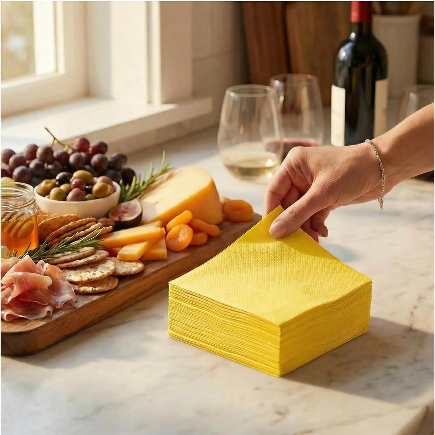 AH AMERICAN HOMESTEAD Cocktail Napkins-Disposable Beverage/Bar Napkins-White Linen-Like Square Napkins-Eco-Friendly & Compostable-Everyday Use, Party or Wedding 4.75inch x 4.75inch (100 Count, White)