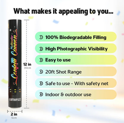 12 Inch Confetti Biodegradable [6 Pack] Confetti Cannons | Multicolor Confetti Poppers for Wedding,Birthday PartyChristmas Eve and New Year Give a Gift