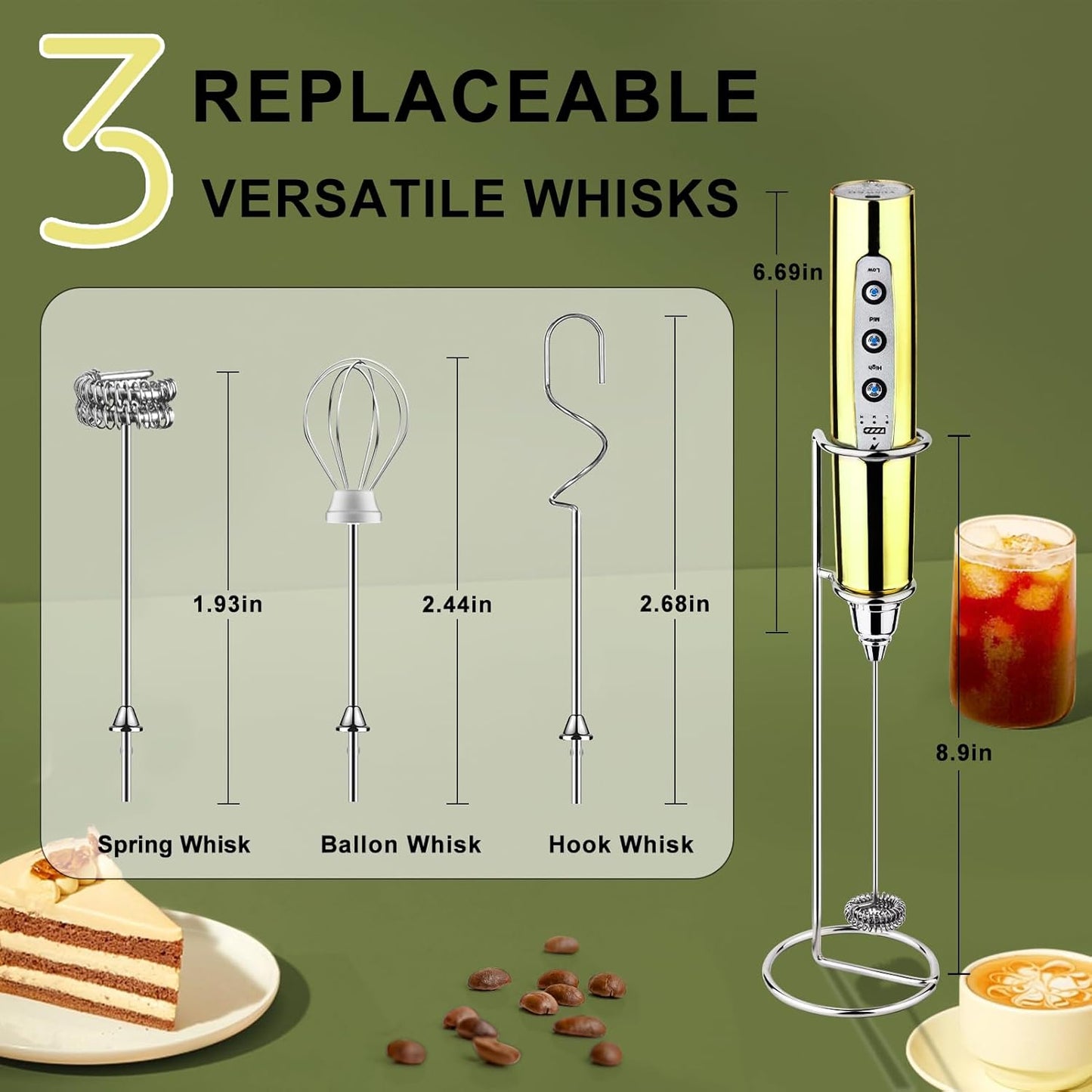 YUSWKO Black Handheld Milk Frother Wand for Coffee, Rechargeable Electric Whisk with 3 Heads 3 Speeds Drink Mixer Coffee Frother For Latte, Cappuccino, Hot Chocolate, Egg