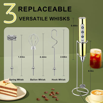 YUSWKO Black Handheld Milk Frother Wand for Coffee, Rechargeable Electric Whisk with 3 Heads 3 Speeds Drink Mixer Coffee Frother For Latte, Cappuccino, Hot Chocolate, Egg