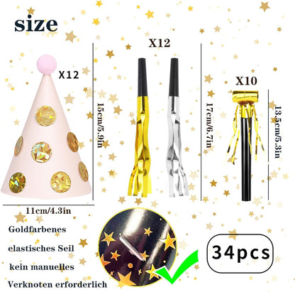 JOYEONDEF 30 Pcs Gold Birthday Party Hats Cone Hats Includes 8 Birthday Paper Hats and 22 Noise Makers
