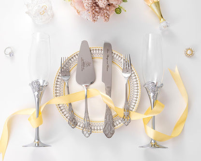 Wedding Cake Knife and Server Set, Mr and Mrs Champagne Flutes with Gold Cake Cutting Set for Wedding Bridal Shower Gifts