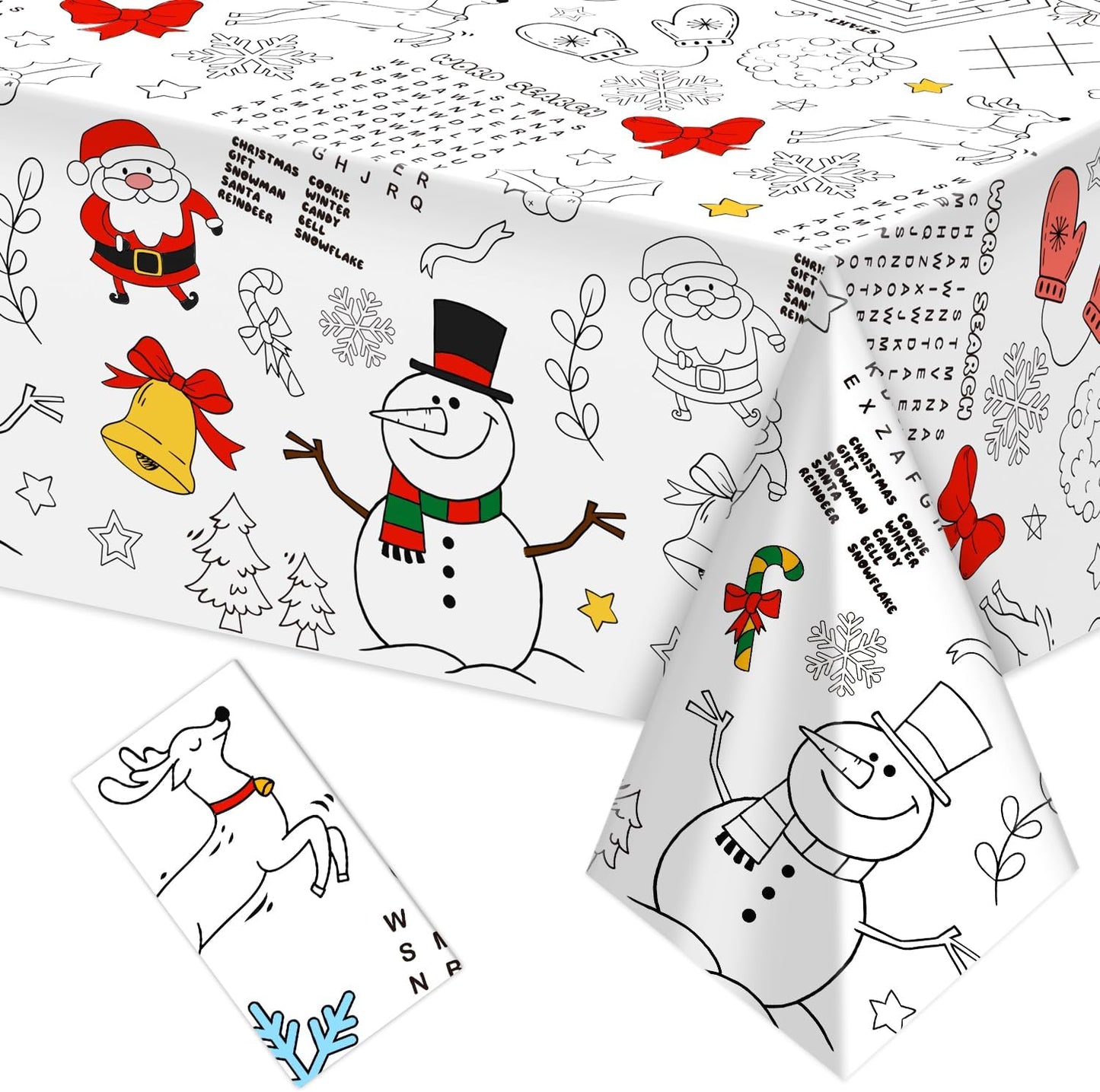 Labeol 1 Pack Christmas Tablecloth, 108"x 54" Christmas Coloring Tablecloth for Kids, Santa Claus Snowman Reindeer Maze Color-in Paper Table Cover for Winter Party Arts and Crafts