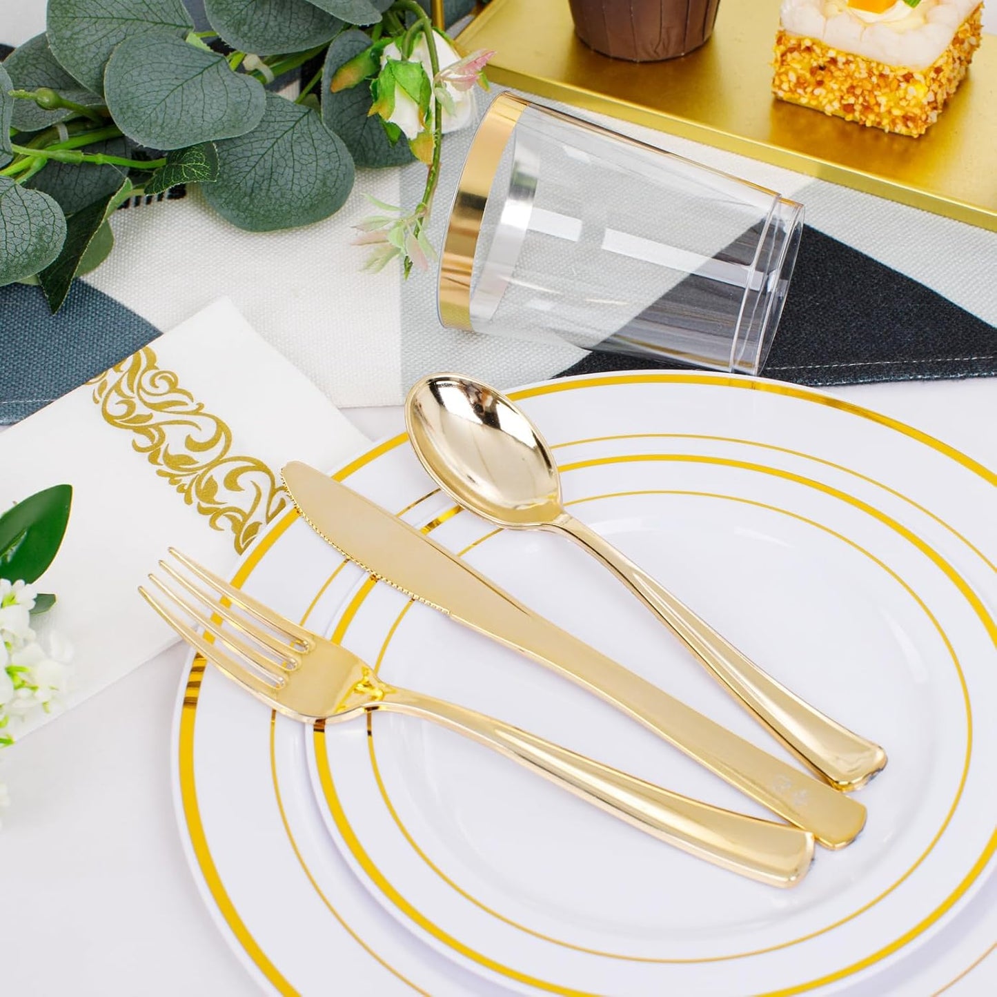 350 Pieces Black and Gold Plastic Plates with Disposable Silverware, Include 50 Dinner Plates 9”, 50 Dessert Plates 6.3”, 50 Black Cups 9 OZ, 50 Pre Rolled Napkins for Wedding Party Graduation