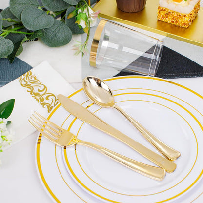 350 Pieces Black and Gold Plastic Plates with Disposable Silverware, Include 50 Dinner Plates 9”, 50 Dessert Plates 6.3”, 50 Black Cups 9 OZ, 50 Pre Rolled Napkins for Wedding Party Graduation