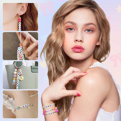 Amaney 1400pcs Glow Letter Beads, Heart Beads Whit Elastic Beading Cord,4x7mm Round Acrylic Alphabet Beads for Friend Bracelet Jewelry Making