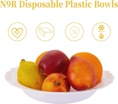 N9R 30PCS Disposable Plastic Bowls with Gold Rim, 12 oz Fancy White Plastic Bowls, Premium Dessert Salad Bowls Perfect for Party, Wedding and Everyday Use