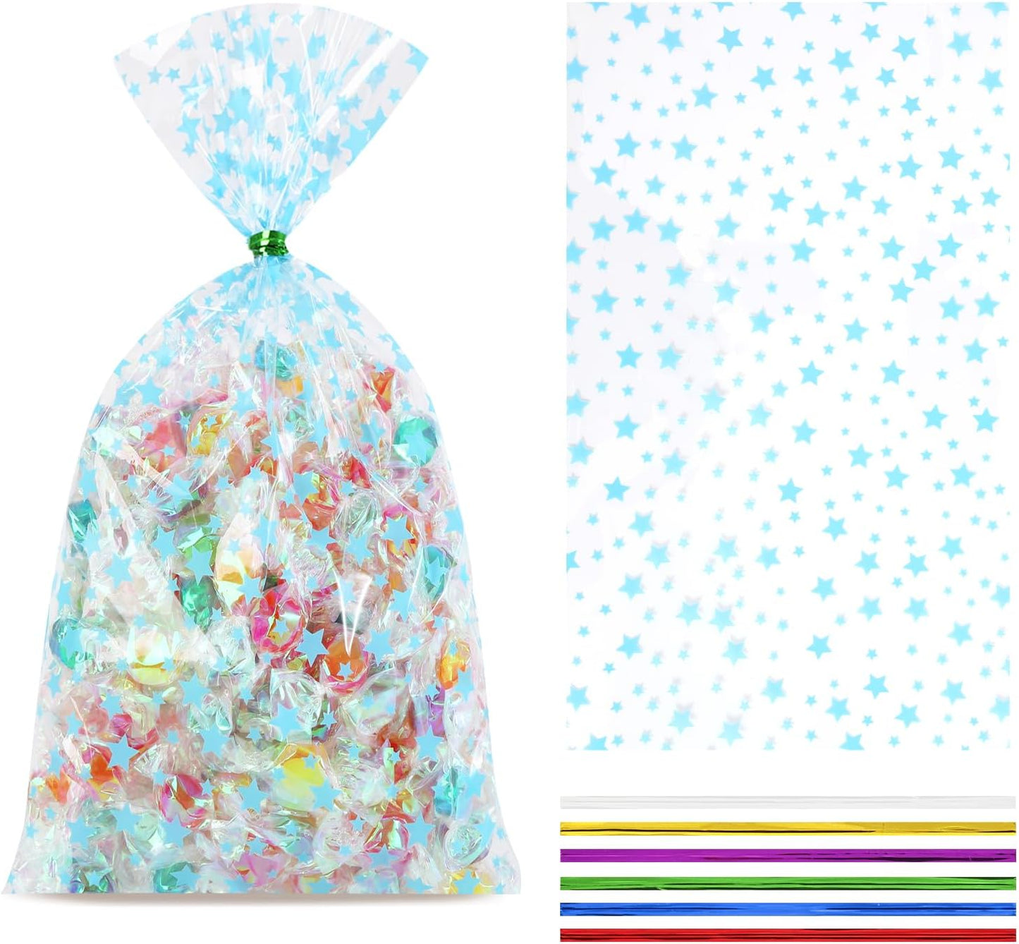 100 Pcs Star Printed 5"X 7" Gift Wrap Cello Cellophane Treat Bags Party Favor bags Clear Candy Cookie Bag Plastic Poly Goodie Storage Bag with Twist Ties for Bakery,Birthday, Wedding ,Party Decorations (Gold)
