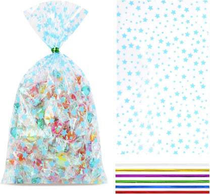 100 Pcs Star Printed 5"X 7" Gift Wrap Cello Cellophane Treat Bags Party Favor bags Clear Candy Cookie Bag Plastic Poly Goodie Storage Bag with Twist Ties for Bakery,Birthday, Wedding ,Party Decorations (Gold)