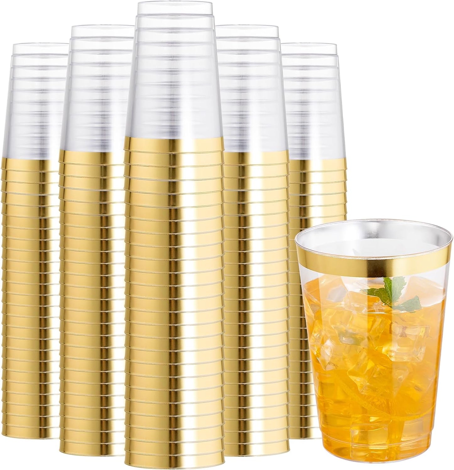 I00000 100 Pack 12 oz Gold Plastic Cups, Gold Rimmed Disposable Cups, Disposable Wine Glasses Cocktail Glasses Premium Cup with Golden Rim, 12 Ounce Plastic Tumblers for Party & Wedding