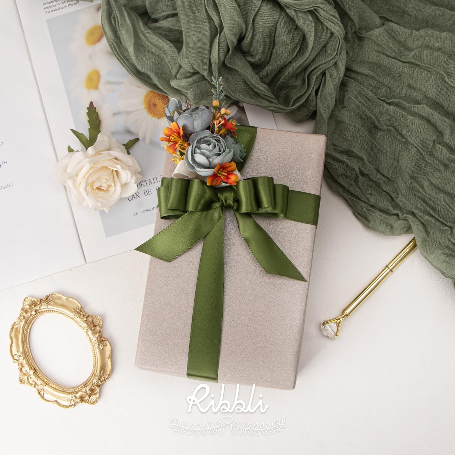 Ribbli Double Faced White Satin Ribbon,3/8” x Continuous 25 Yards,Fabric Ribbon use for Bows Bouquet,Gift Wrapping,Floral Arrangement