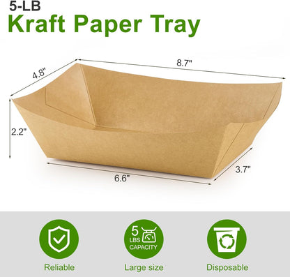 Ocmoiy 1lb Paper Food Trays, 100 Pack Heavy Duty Kraft Food Boats Holders Disposable Serving Basket Trays for Nachos, Fries, BBQ, Festivals, Party