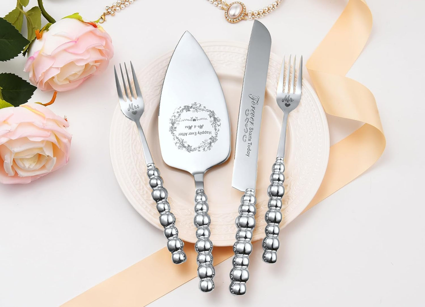Wedding Cake Knife and Server Set, Gold Ceramic Pearl Handle Cake Cutting Set for Weddings, Engagements, Anniversaries, and Engagement Gifts for Couples