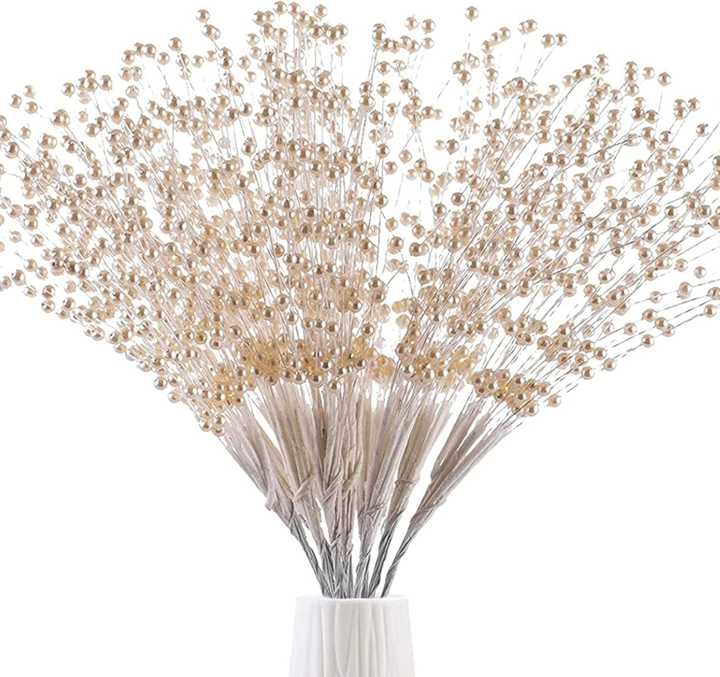 50pcs 4mm Pearls String Beaded Bouquet Spray Sticks for Bridal Beaded Wedding Party Table Decorations Mother's Day Decor (Gold)