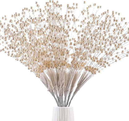 50pcs 4mm Pearls String Beaded Bouquet Spray Sticks for Bridal Beaded Wedding Party Table Decorations Mother's Day Decor (Gold)