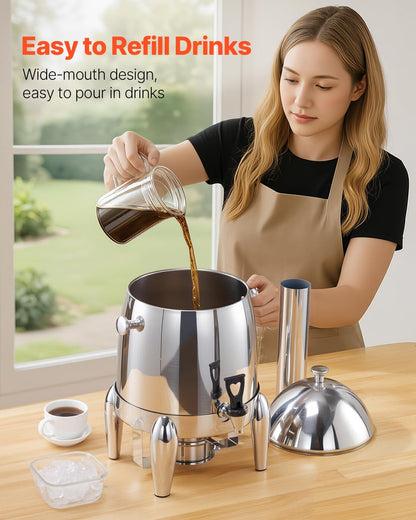 VEVOR Stainless Steel Beverage Dispenser, 3.4 Gallon Drink Dispenser with Alcohol Burner, Hot & Cold Drink Dispensers with Spigot for Coffee Tea Hot Water, Ideal for Restaurants, Hotels, Parties