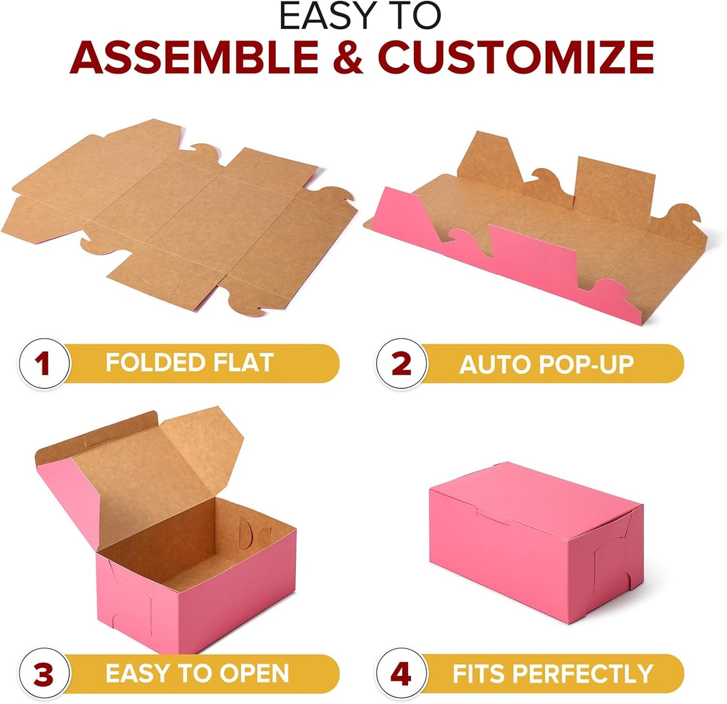 Fit Meal Prep [25 Pack] Pink Bakery Boxes 8x8x4 Pastry Box for Cupcakes, Desserts, Cookies, Candies Ideal Packaging for Bakeries and Home-made Baked Goods, Favors, and Gifts