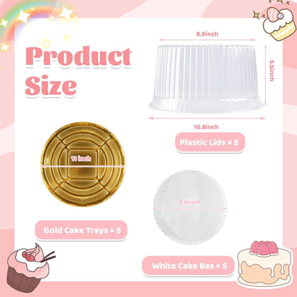 NPLUX 10 Inch Plastic Cake Carriers Gold Cake Containers with Lid and White Cake Boards, Clear Cupcake Holder for 1-2 Layer Cheesecake, Bundt Cake Pie Bakery Supplies(5 Pack)
